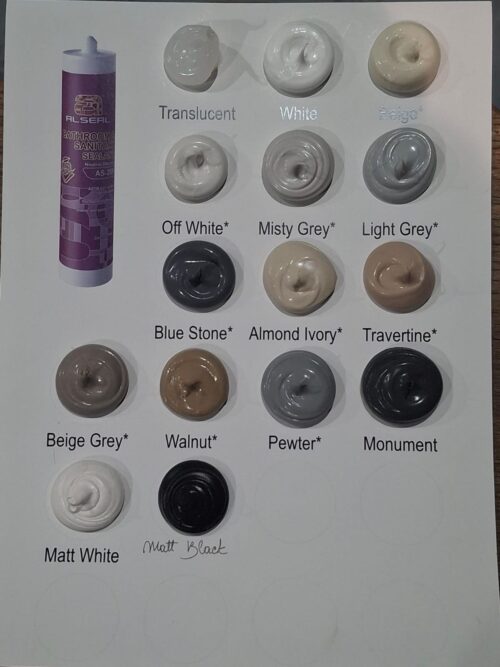 A collection of various silicone sealant colours displayed in circular containers, including shades like translucent, white, off white, misty grey, light grey, blue stone, almond ivory, travertine beige grey, walnut, pewter, monument matt white and matt black.