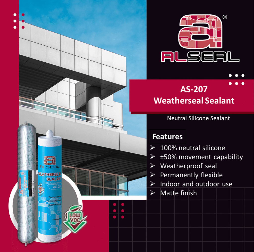 Advertisement for ALSEAL AS-207 Weatherseal Sealant featuring key points about its 100% neutral silicone composition, +50% movement capability, weatherproof seal, and suitability for indoor and outdoor use. The design includes a matte finish and mentions VOC compliance.
