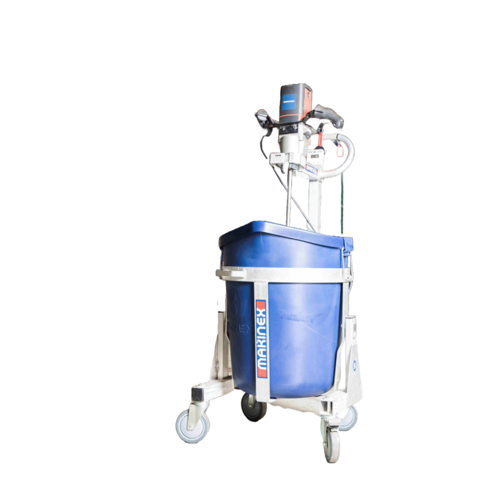 A blue bucket placed on a white background.