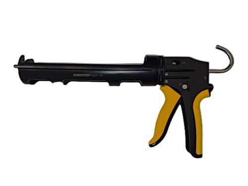 A large black caulking gun with yellow accents.